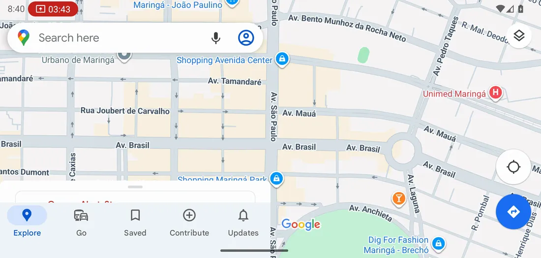 Captura real do celular deitado espelhando o mapa
