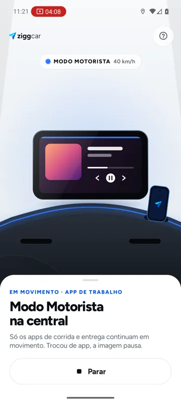 Captura real do app ZiggCar no Modo Motorista a 40 km/h, com a linha de luz azul