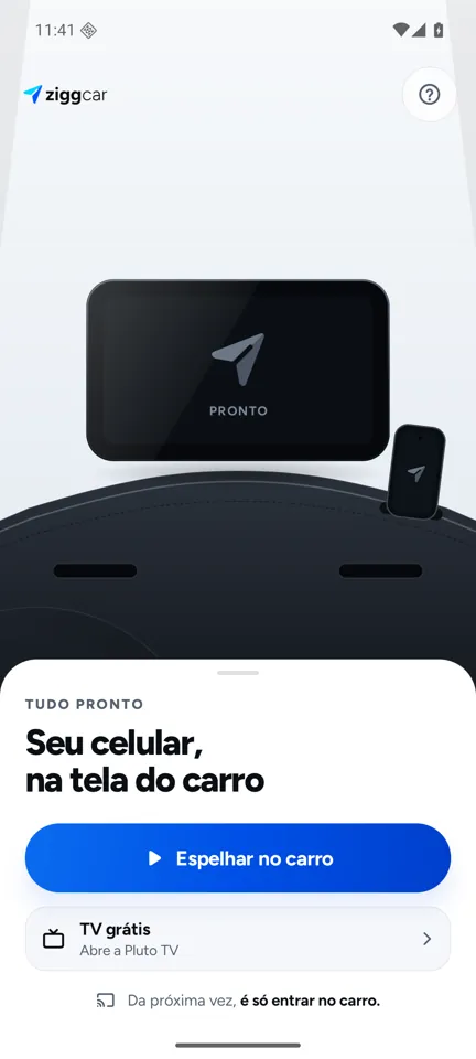 Captura real do app ZiggCar com o atalho TV grátis para a Pluto TV