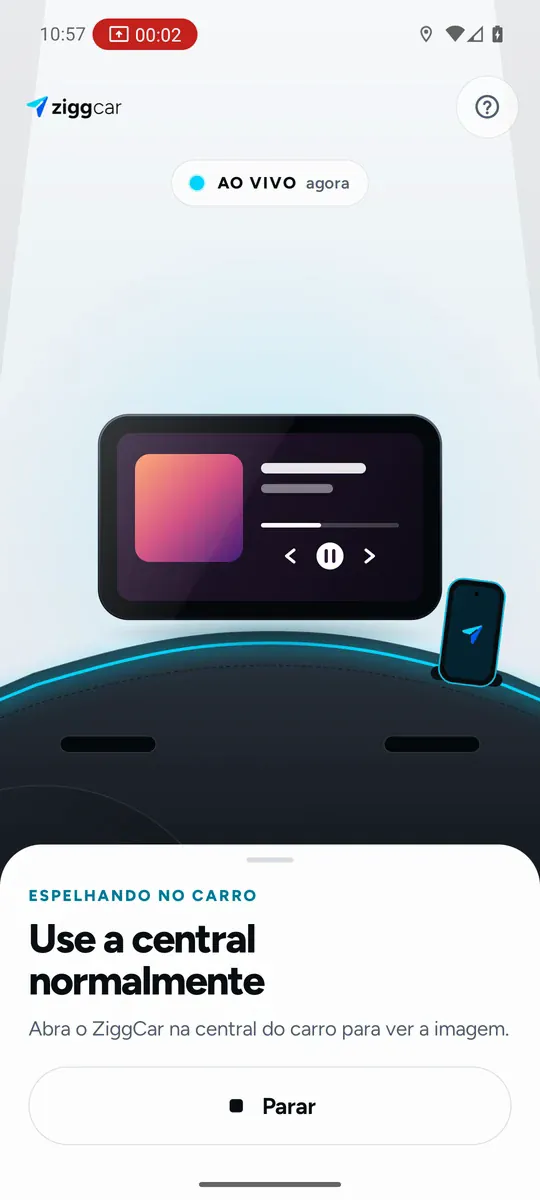 Captura real do app ZiggCar ao vivo, com a linha de luz neon acesa