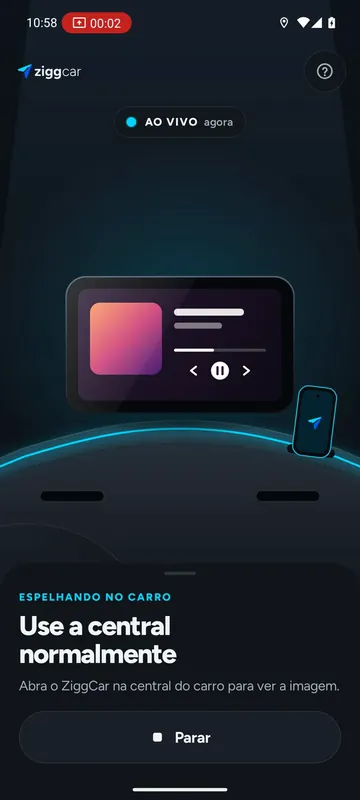 Captura real do app ZiggCar ao vivo, com a linha de luz neon acesa