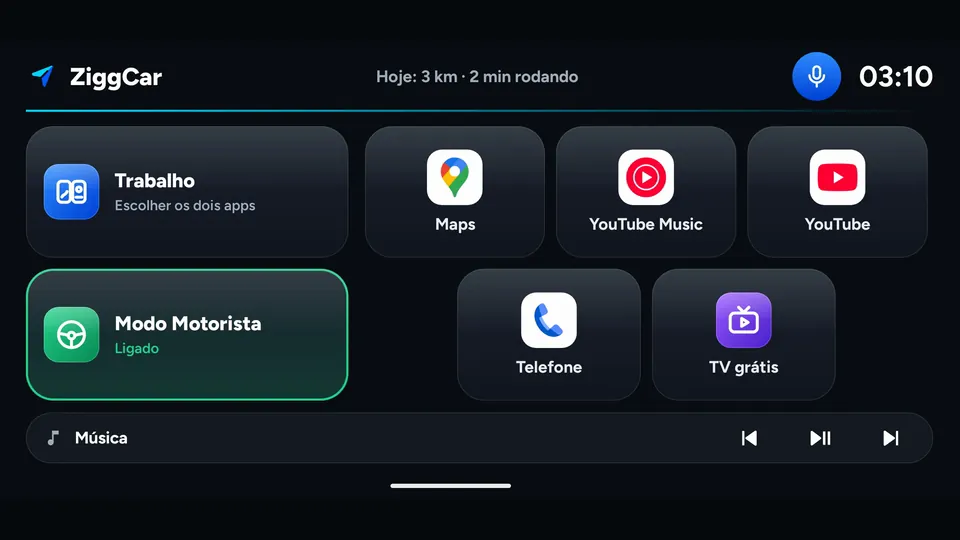 Captura real da Central do ZiggCar: blocos de Trabalho, Modo Motorista, apps, Telefone, TV grátis e a barra de música